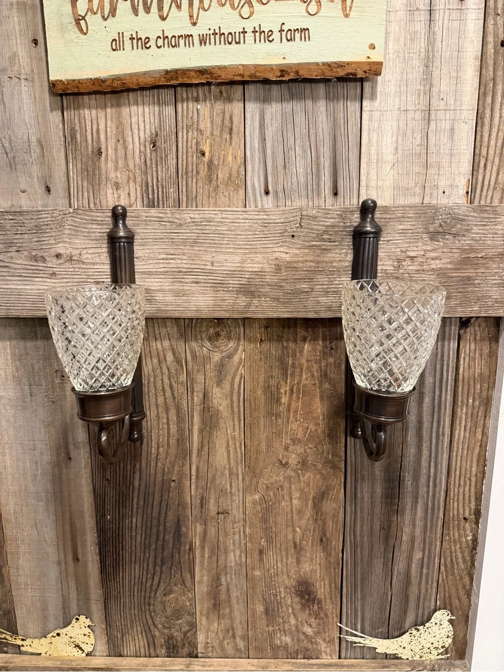 Pair of Bronze Wall Sconce Pair with Vintage Cut Glass Shades